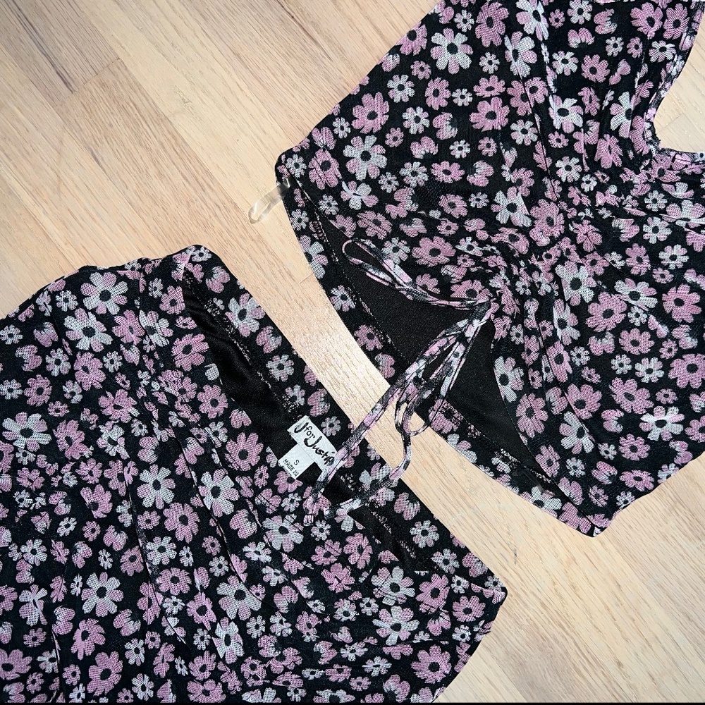 2 piece matching women small black and pink flower tank top with skirt